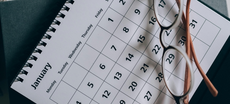 a calendar and glasses