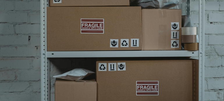 A close-up of boxes labeled "fragile."